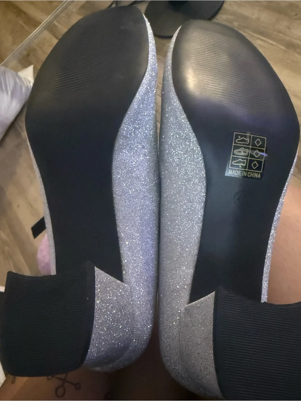 Silver Glitter Double Strap Mary Jane Block Heels Size 40
